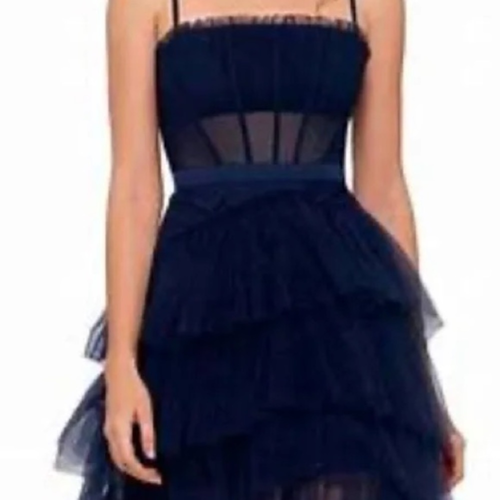 Betsy & Adam Navy Blue Tiered Tulle Dress